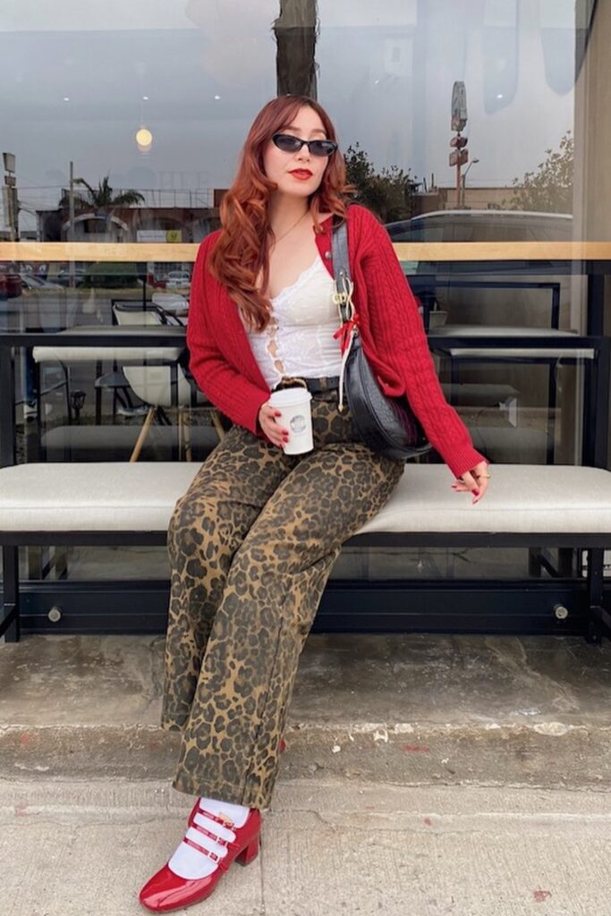 Red Cardigan, Camisole, Leopard Pants and Red Mary Janes