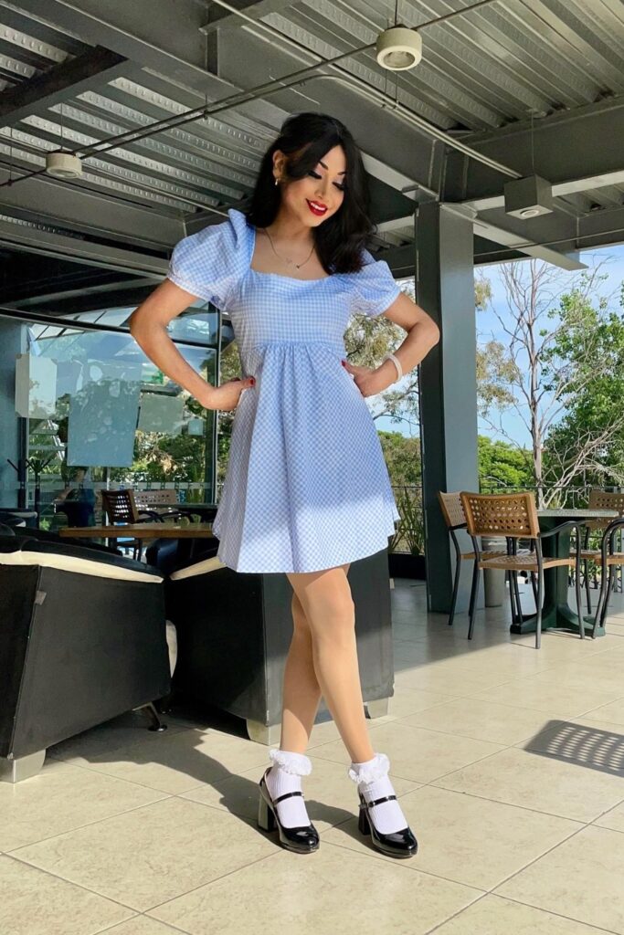 Light Blue Gingham Dress and Black Mary Janes