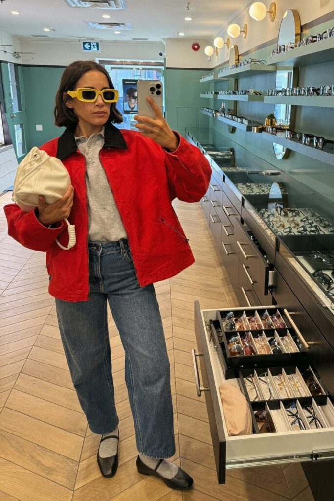 Oversized Red Jacket, Gray Sweatshirt and Blue Jeans with Black Mary Janes