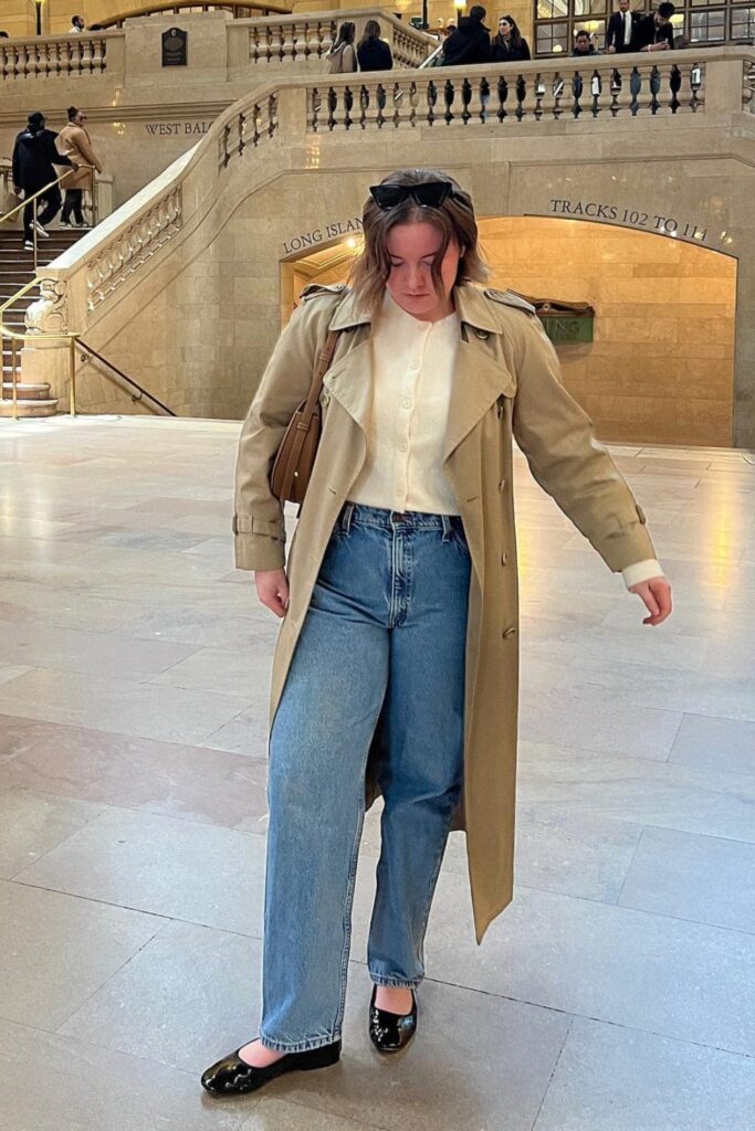 Beige Trench Coat, White Sweater, Jeans and Black Patent Mary Janes