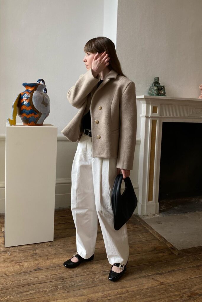 Beige Jacket and Trousers, Black Top and Mary Janes