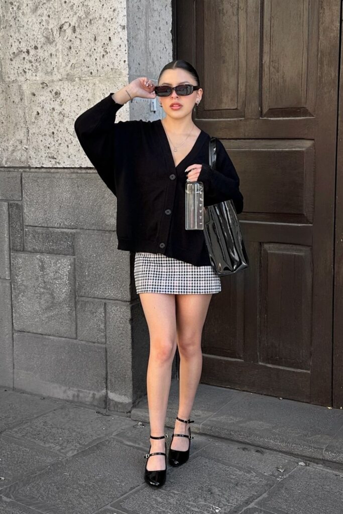 Black Oversized Cardigan and Gingham Skirt with Black Mary Janes