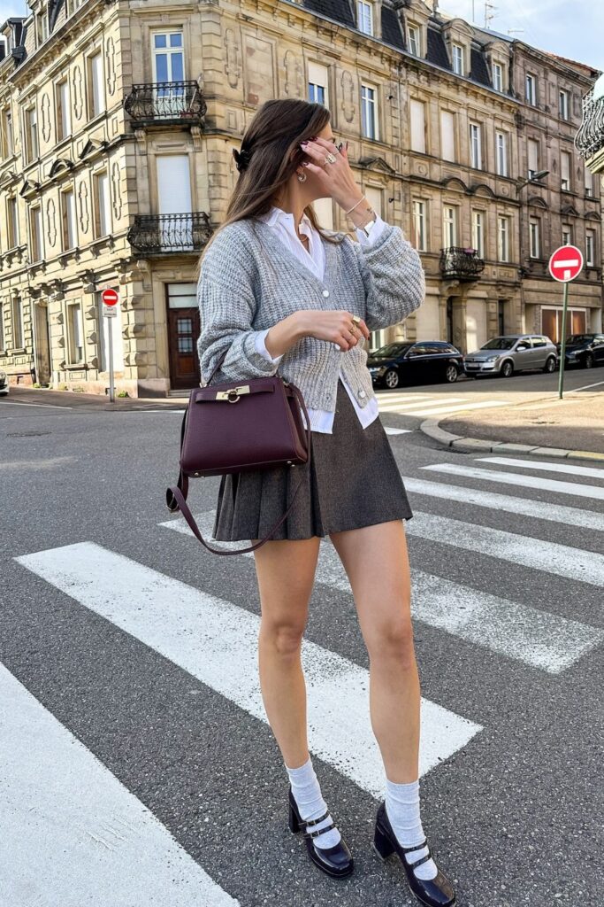 White Button-Up and Gray Cardigan with Black Mary Janes