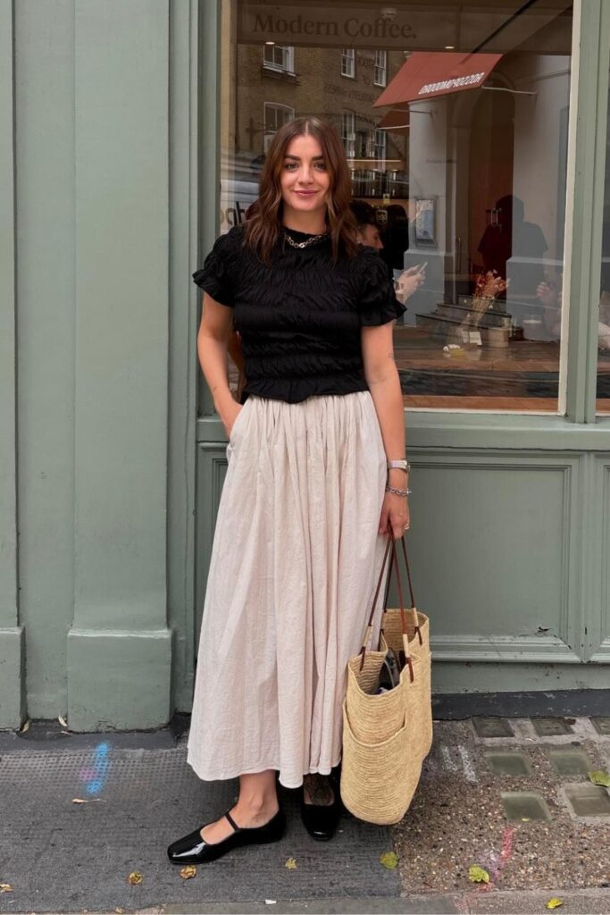 Black Ruffled Crop Top and Beige Maxi Skirt with Black Mary Janes