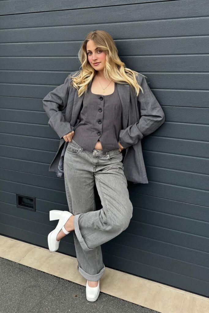 Gray Blazer, Vest and Jeans with White Mary Jane Pumps