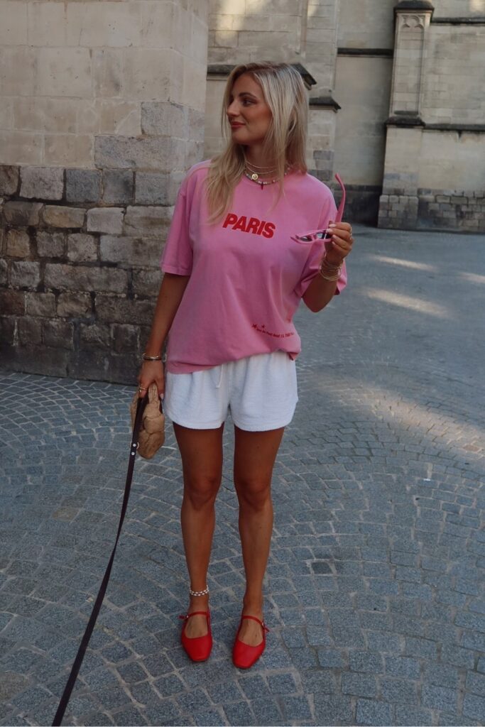 Pink "Paris" T-Shirt, White Shorts and Red Mary Janes