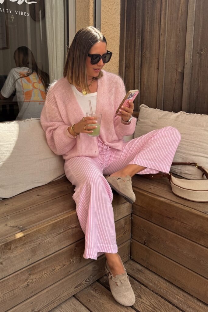 Fuzzy Cardigan, White Tank, Striped Wide-Leg Pants