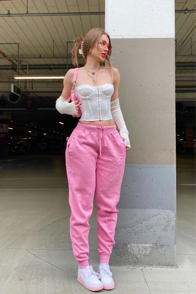 Corset Crop Top, Pink Sweatpants, and Sneakers