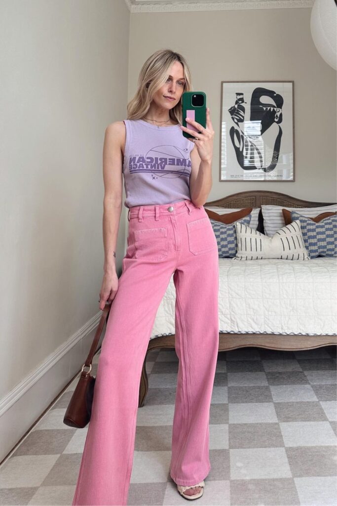 Lavender Tank and Wide-Leg Pink Jeans