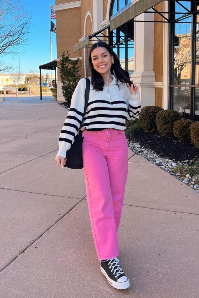 Striped Sweater, Hot Pink Trousers, and Black Sneakers