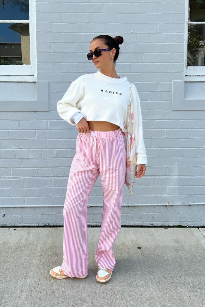 Cropped Sweatshirt, Striped Wide-Leg Pants, and Platform Sandals