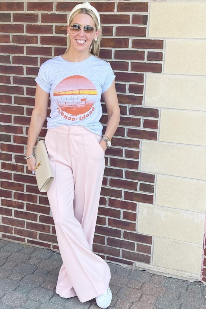 Gray Graphic Tee, Pink Wide-Leg Pants, and White Sneakers