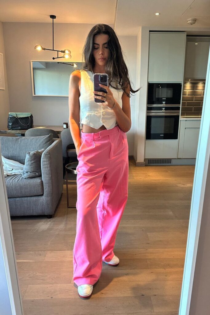 White Vest, Pink Wide-Leg Trousers, and Platform Sneakers