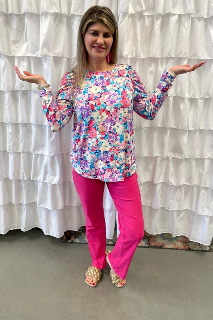 Floral Top, Straight-Leg Pink Pants, and Gold Sandals