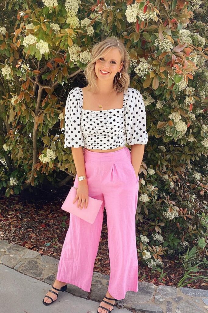 Polka Dot Crop Top, Wide-Leg Pants, and Black Sandals