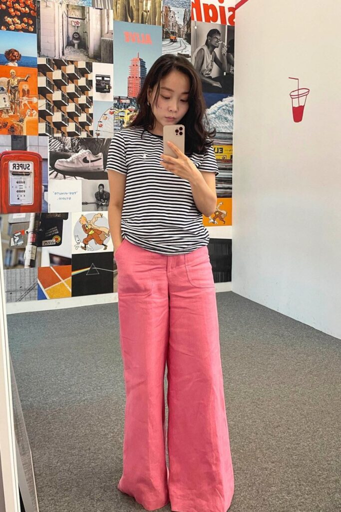 Striped Tee, Wide-Leg Pink Pants, and Sneakers