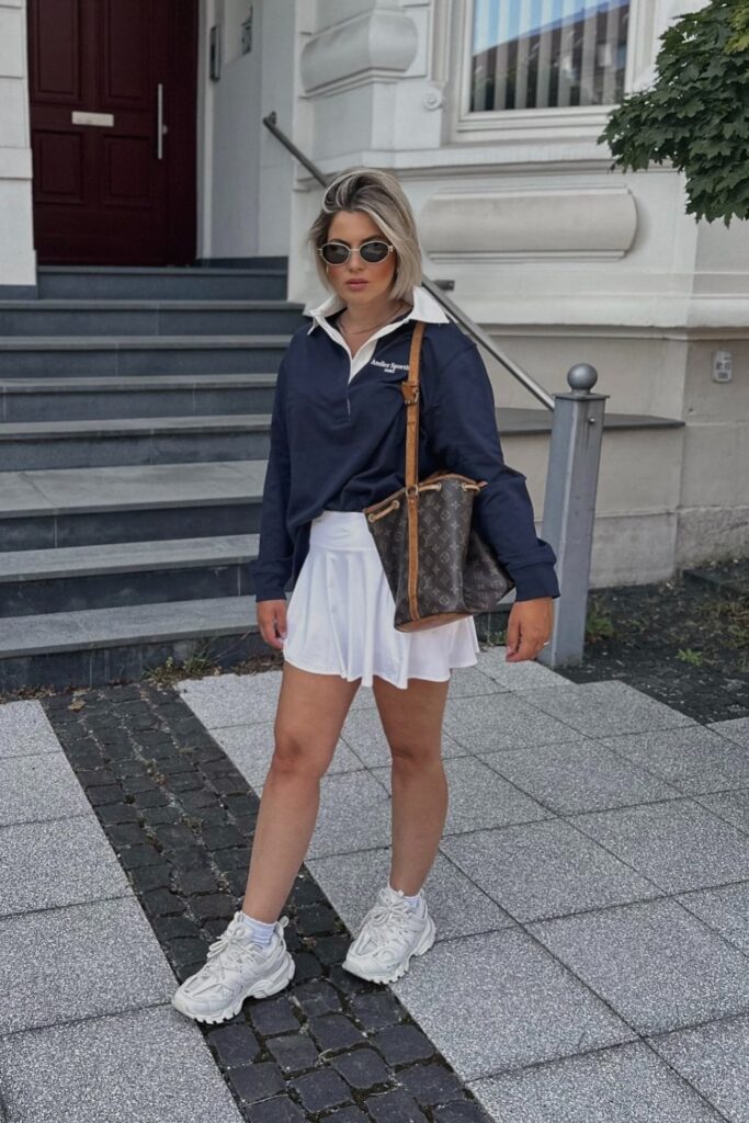 Pullover Sweatshirt, White Skirt and Chunky Sneakers