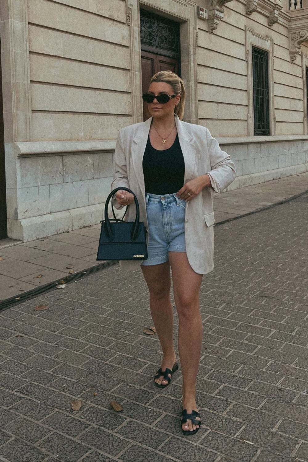 Cream Blazer and Denim Shorts