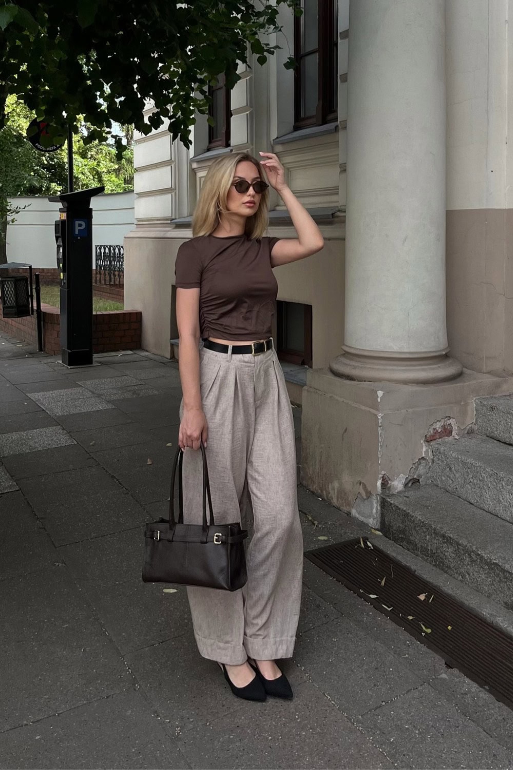 Brown Crop Top and Beige Wide-Leg Trousers