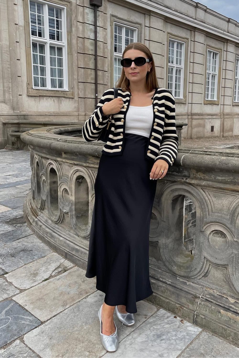 Striped Cardigan and Black Maxi Skirt