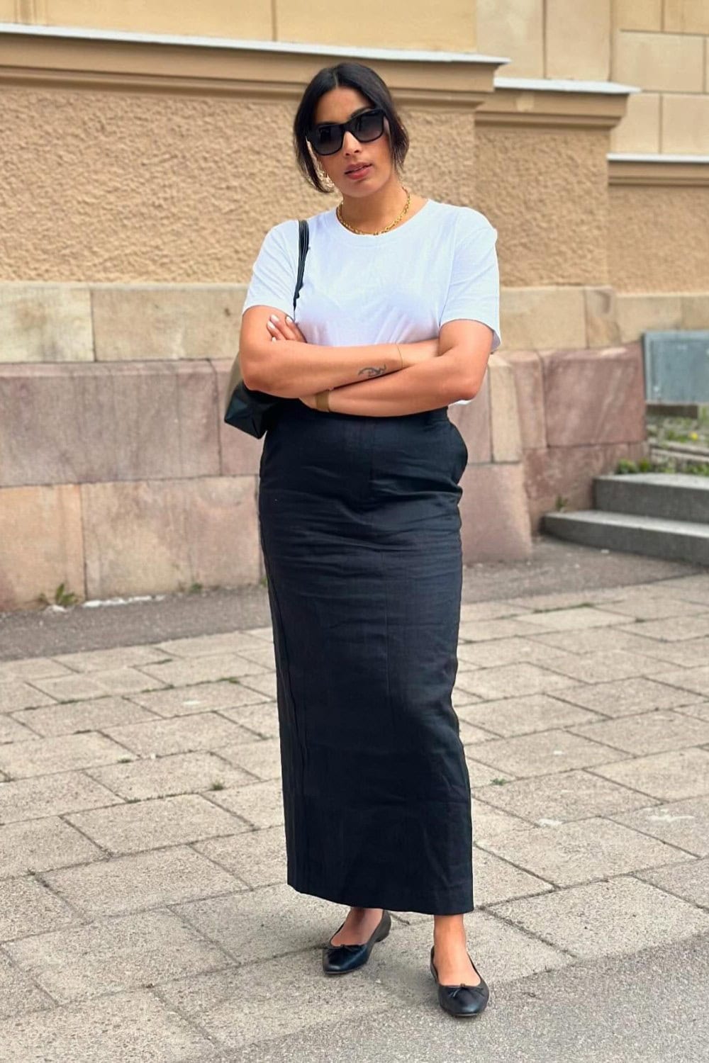 White T-Shirt and Black Maxi Skirt