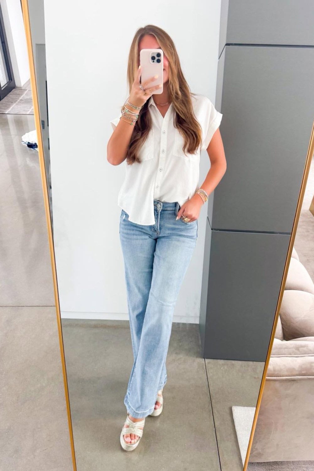 White Button-Down and Wide-Leg Jeans