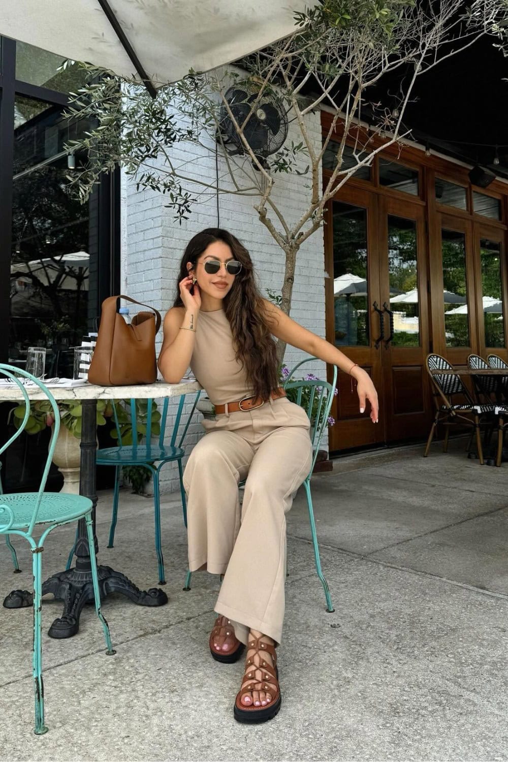 Beige Crop Top and Wide-Leg Pants