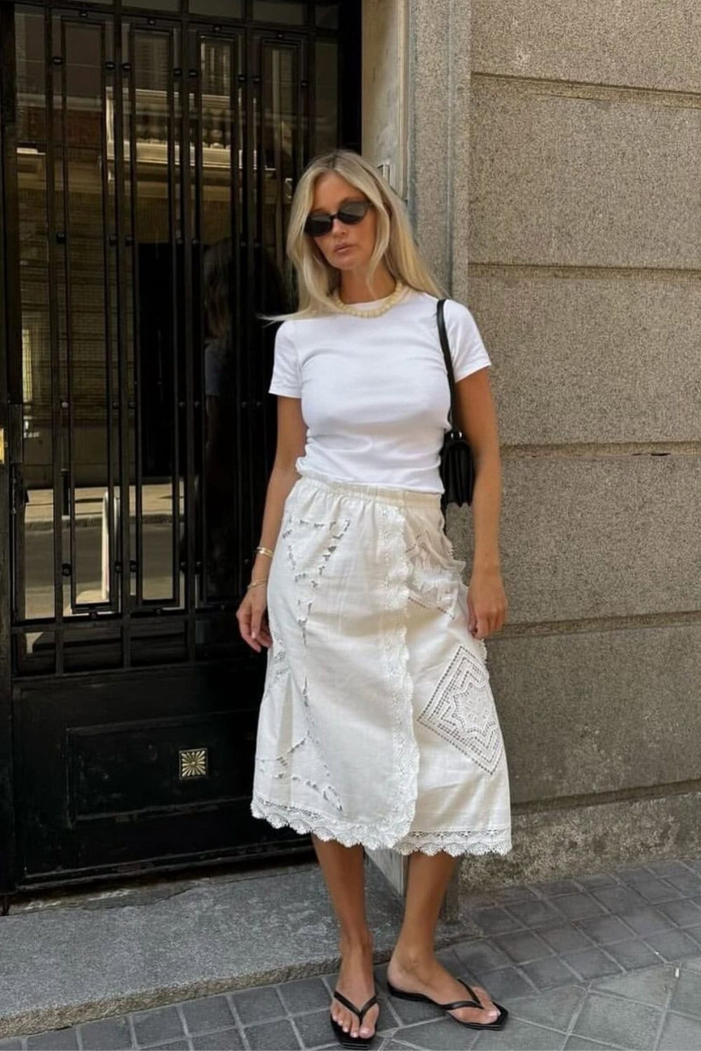 White T-Shirt and Lace Midi Skirt
