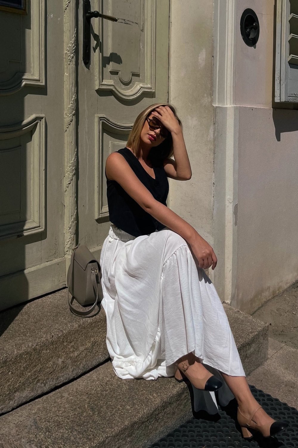 Black Sleeveless Top and White Maxi Skirt