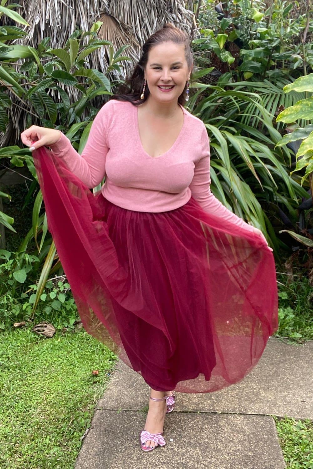 Pink V-Neck Sweater and Burgundy Tulle Skirt
