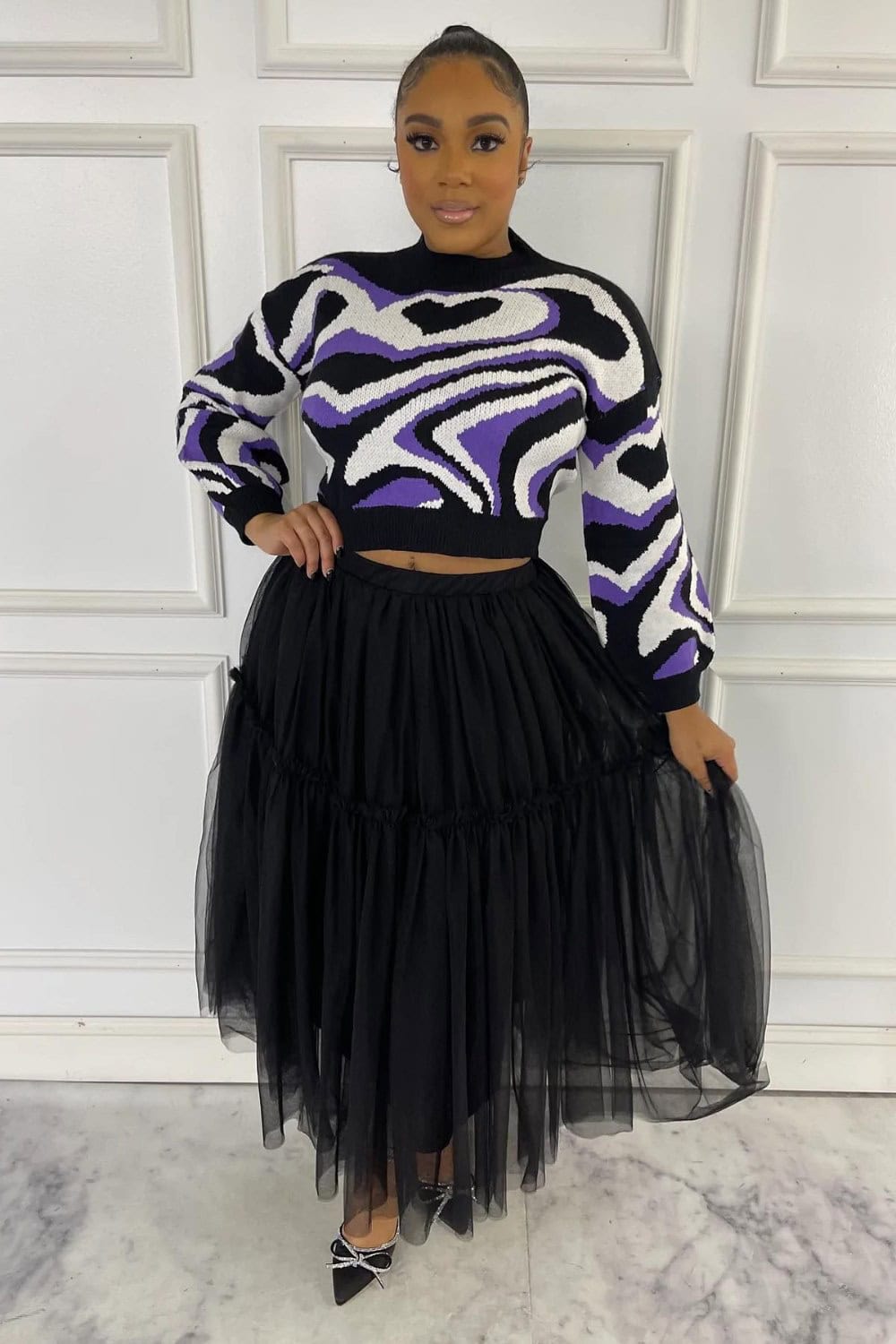 Abstract Pattern Sweater and Black Tulle Skirt
