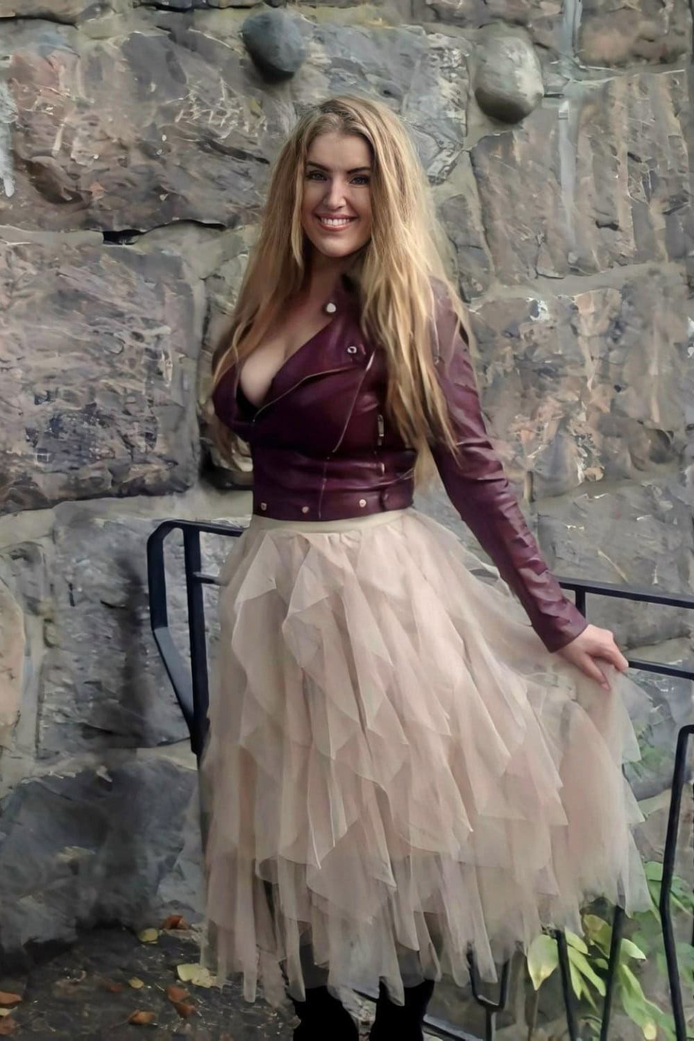 Burgundy Leather Jacket and Cream Tulle Skirt