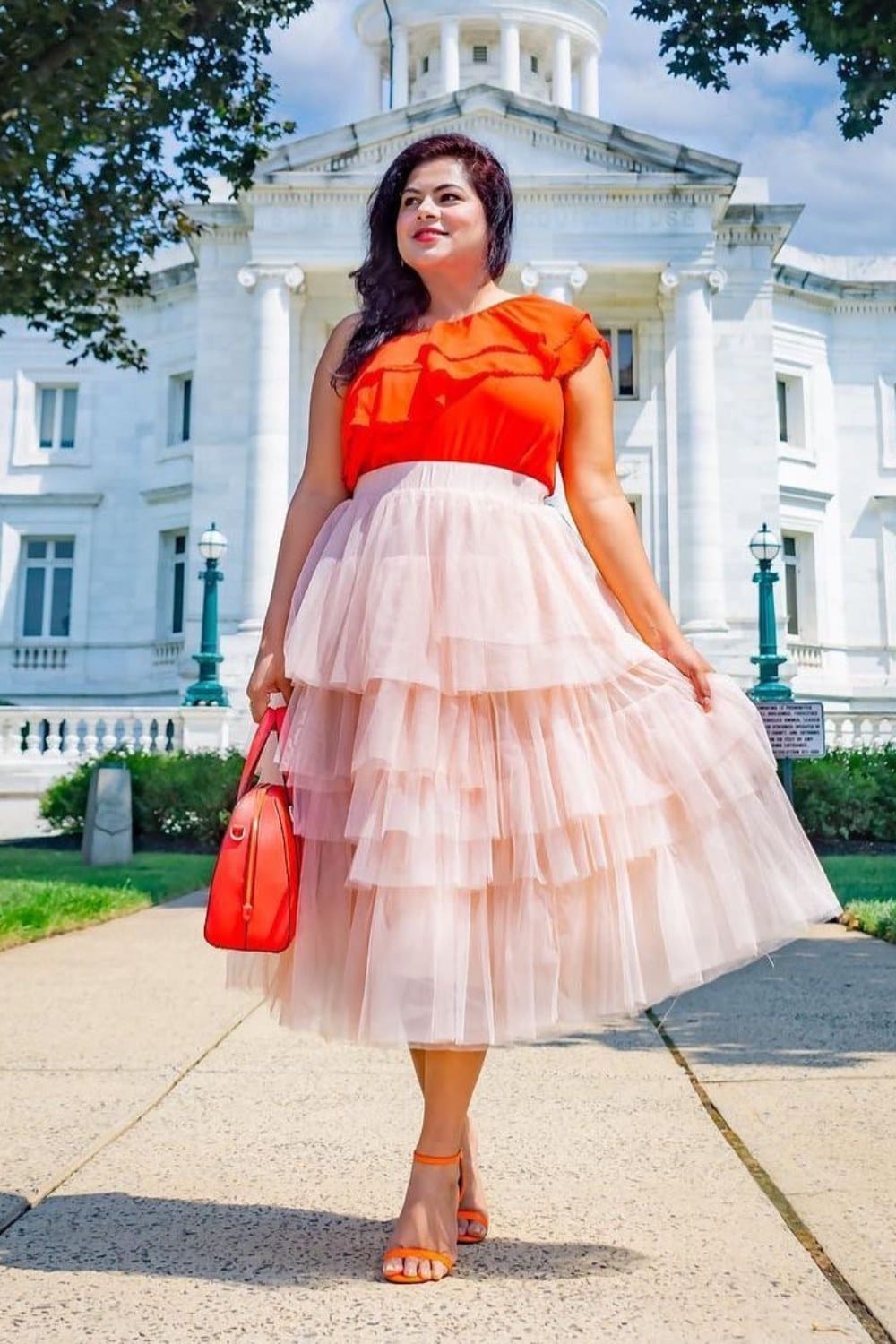 Orange One-Shoulder Top and Blush Tulle Skirt