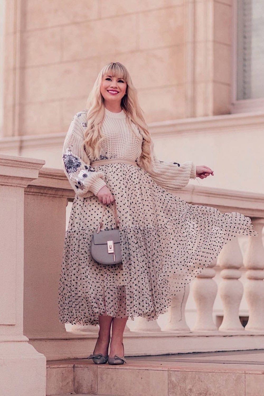 Cable Knit Sweater and Polka Dot Midi Skirt