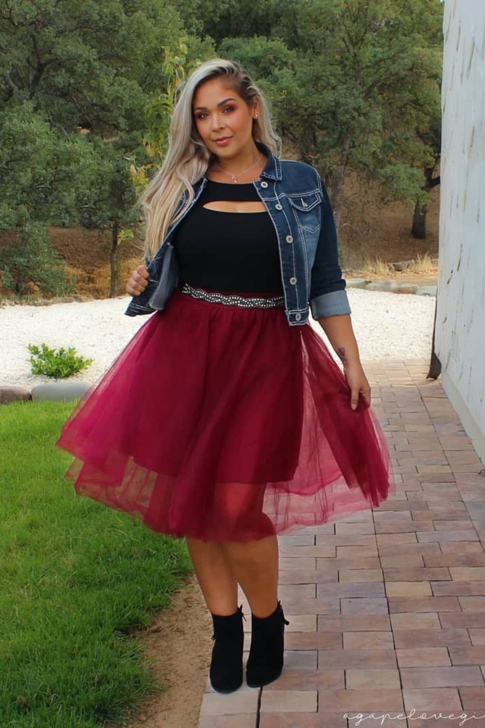 Black Crop Top and Burgundy Tulle Skirt