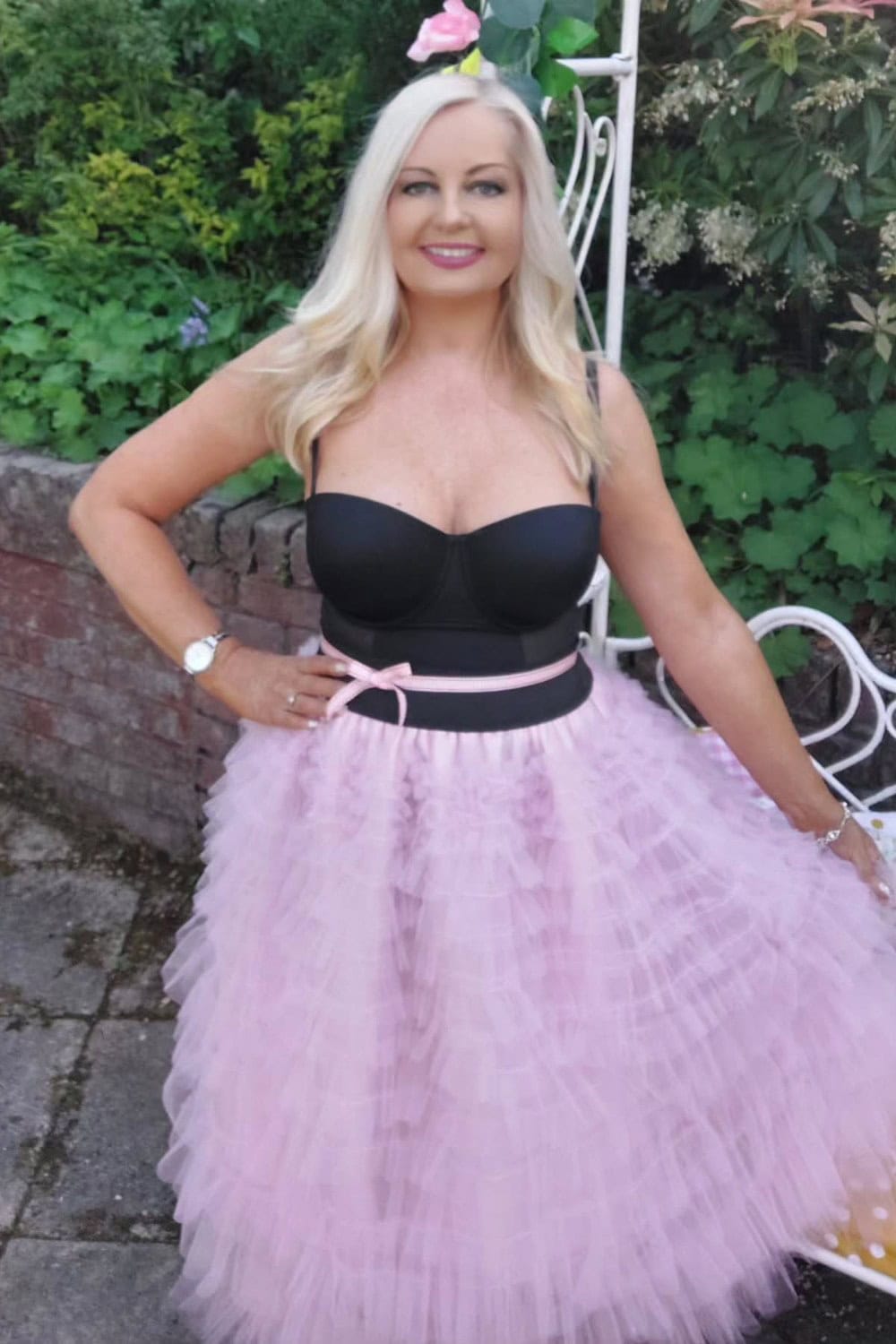 Black Strapless Bustier Top and Pink Tulle Skirt