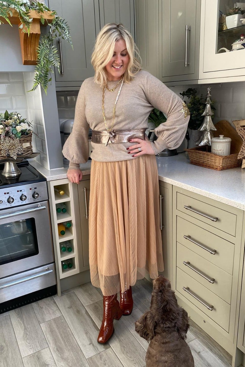 Beige Sweater and Midi Skirt
