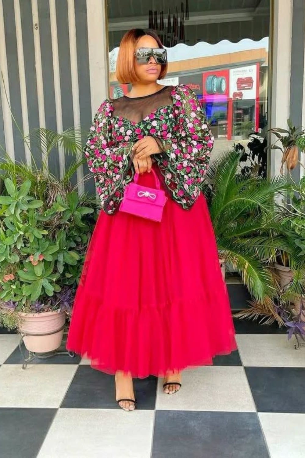Floral Print Puff Sleeve Top and Red Tulle Skirt