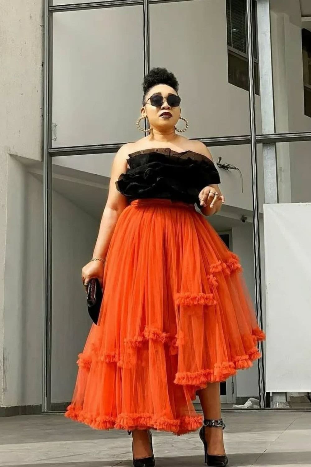 Black Off-Shoulder Top and Orange Tulle Skirt