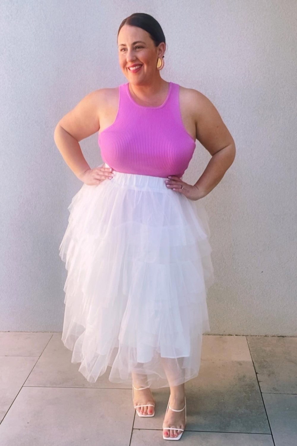 Pink Ribbed Tank and White Tulle Skirt