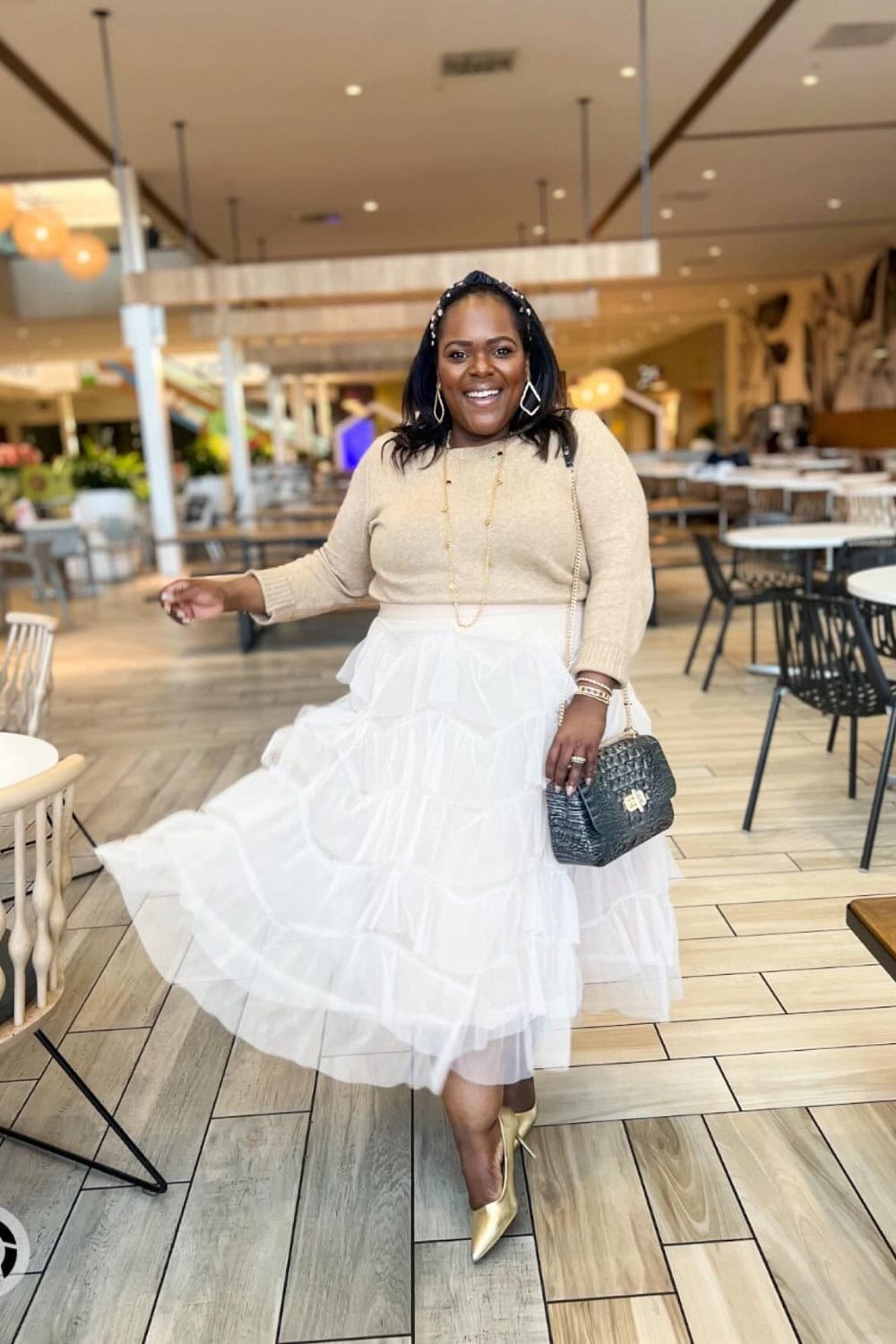 Cream Sweater and White Tiered Tulle Skirt