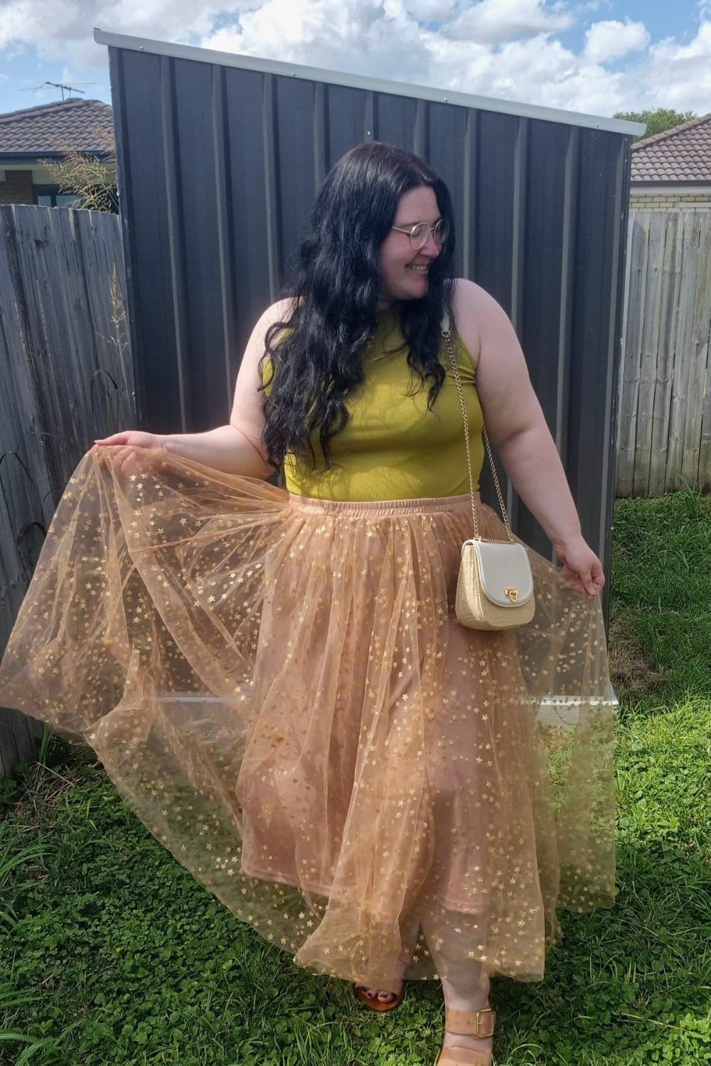 Mustard Yellow Top and Star-Patterned Skirt
