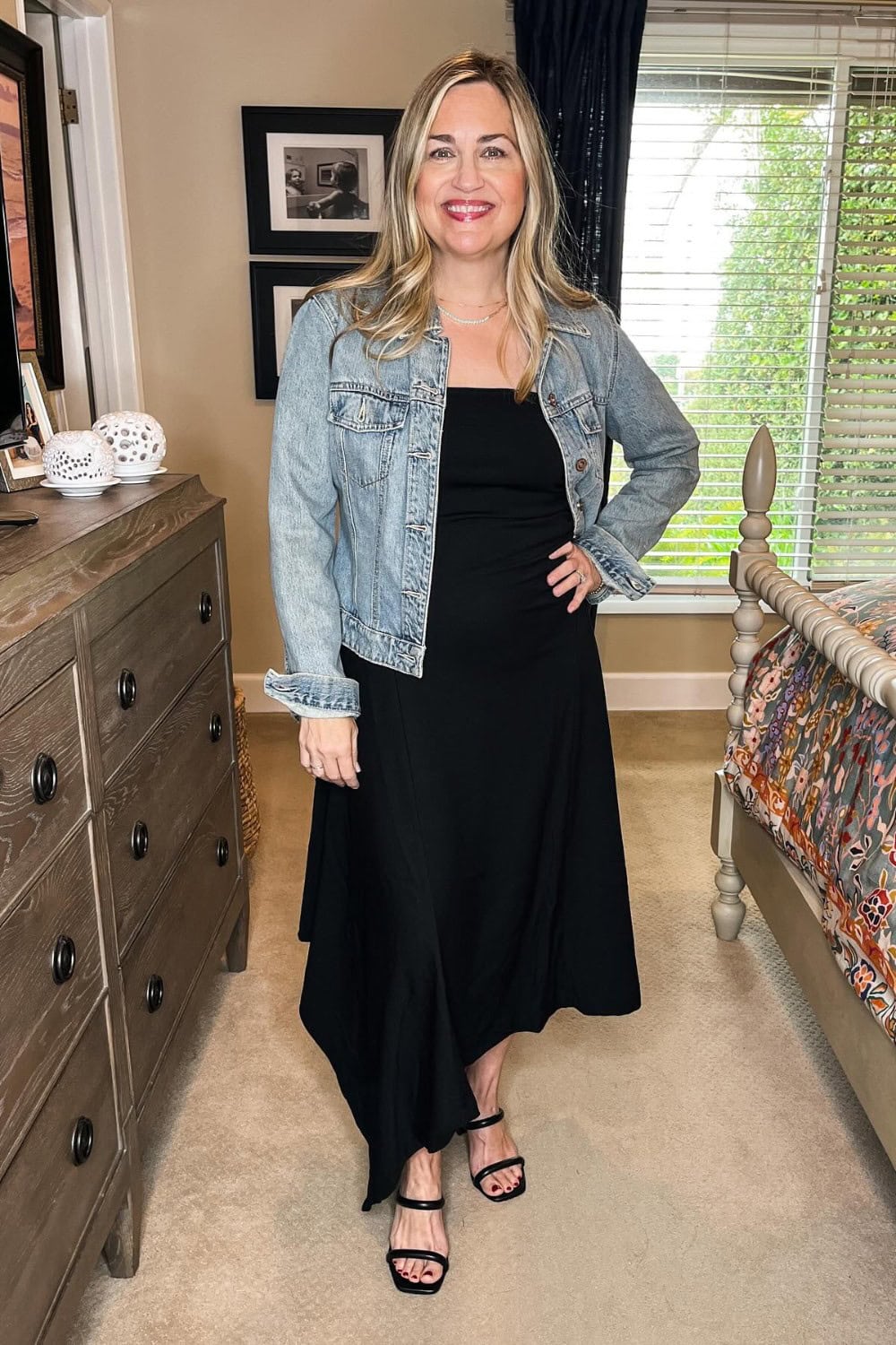 Denim Jacket Over Black Maxi Dress