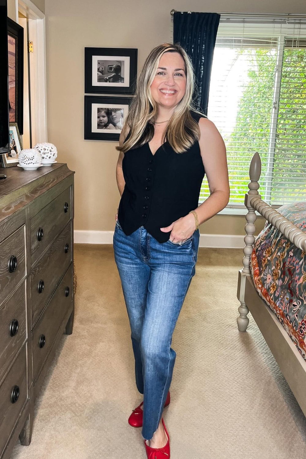 Black Vest Top and Straight-Leg Jeans