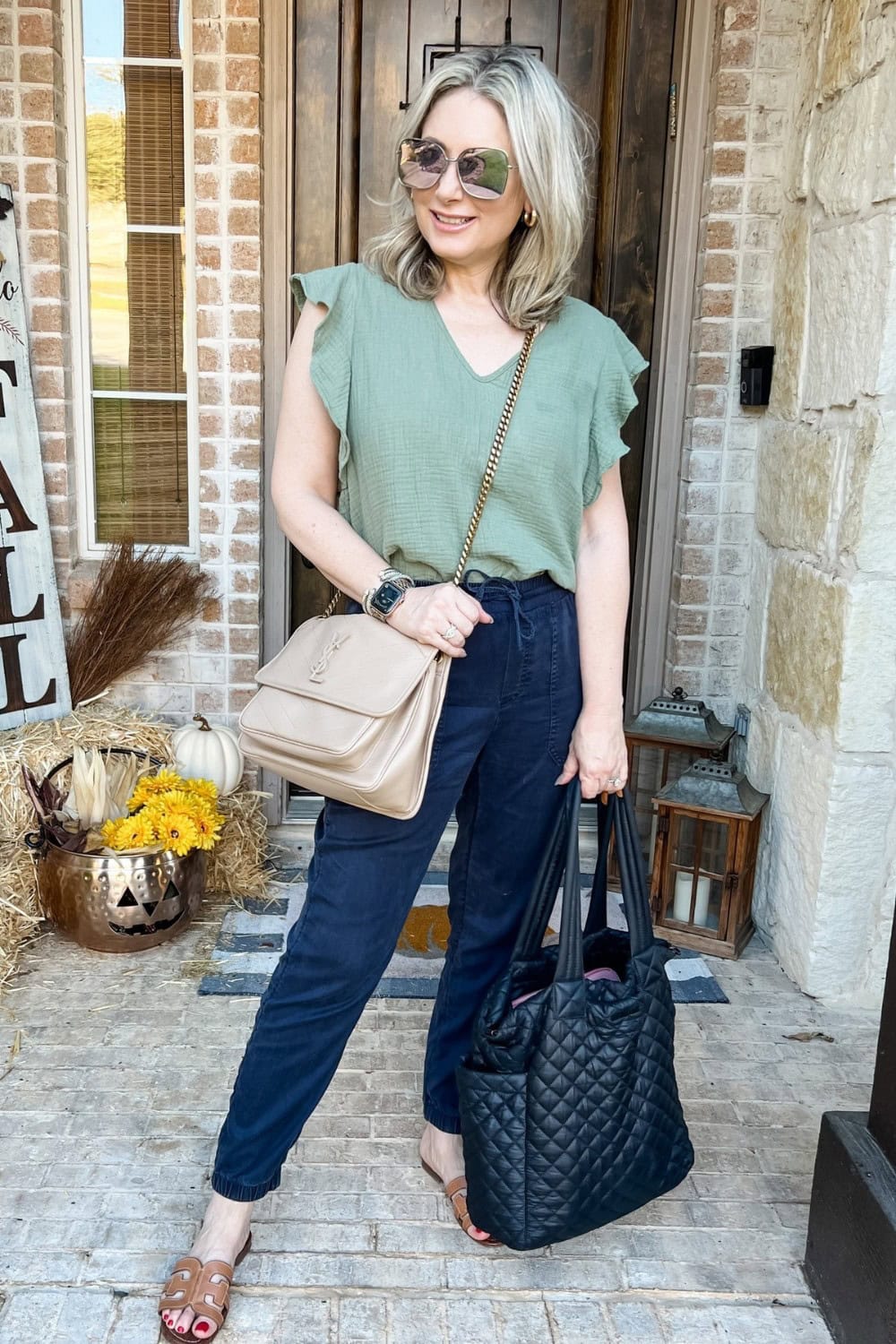 Sage Green Blouse and Navy Joggers