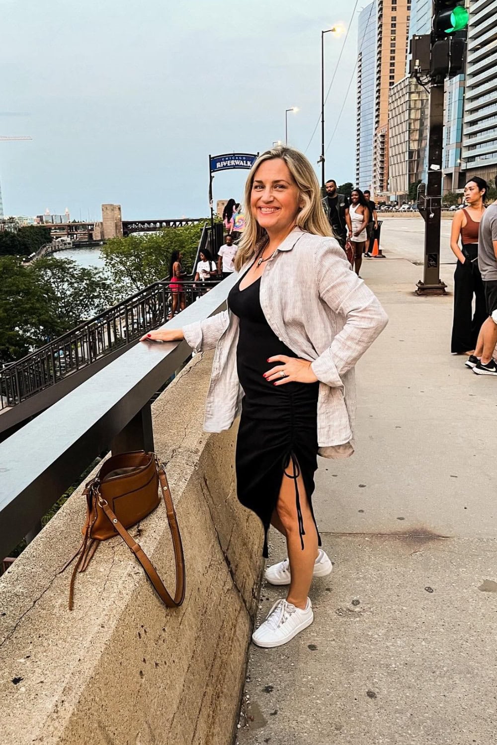 Black Midi Dress with Linen Shirt Jacket