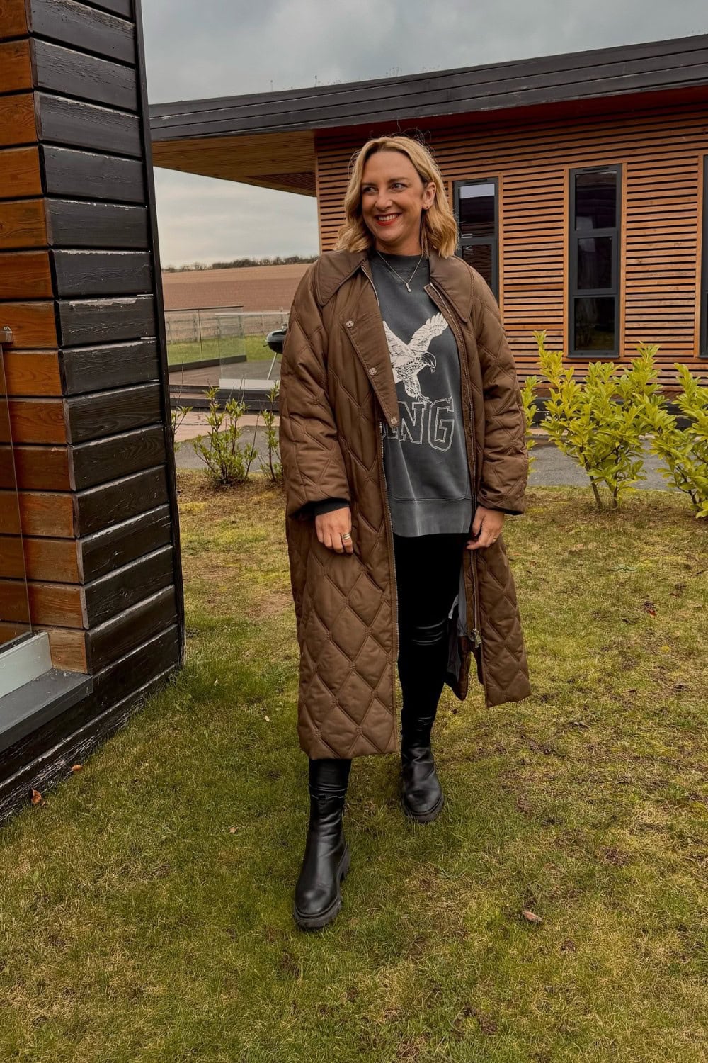 Quilted Long Coat and Graphic Sweatshirt