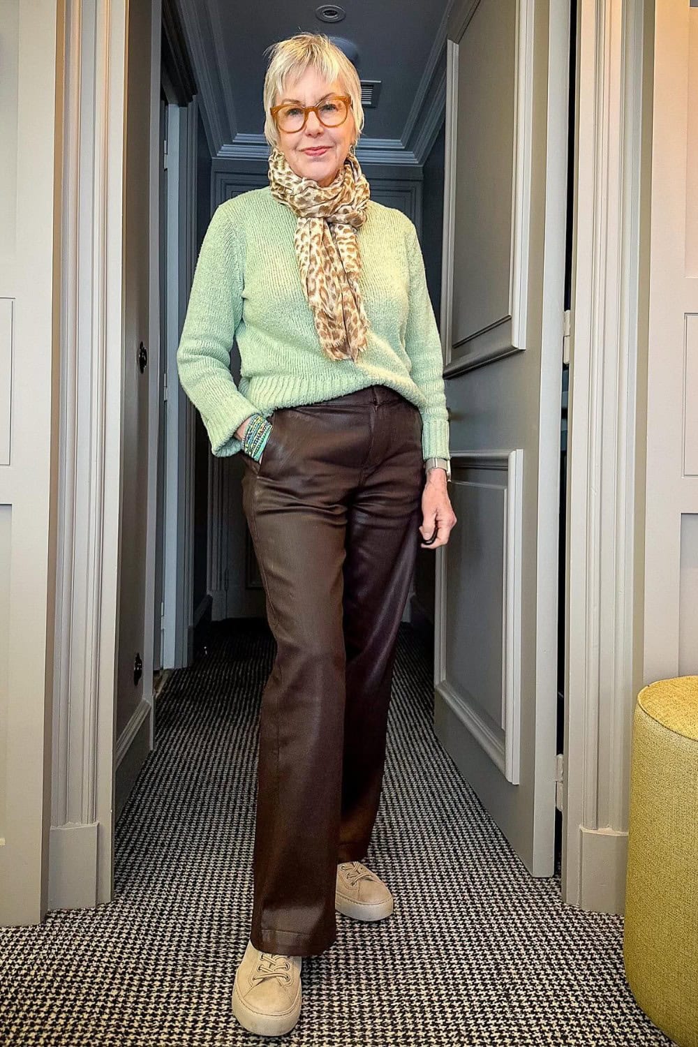 Mint Green Sweater and Leather Pants