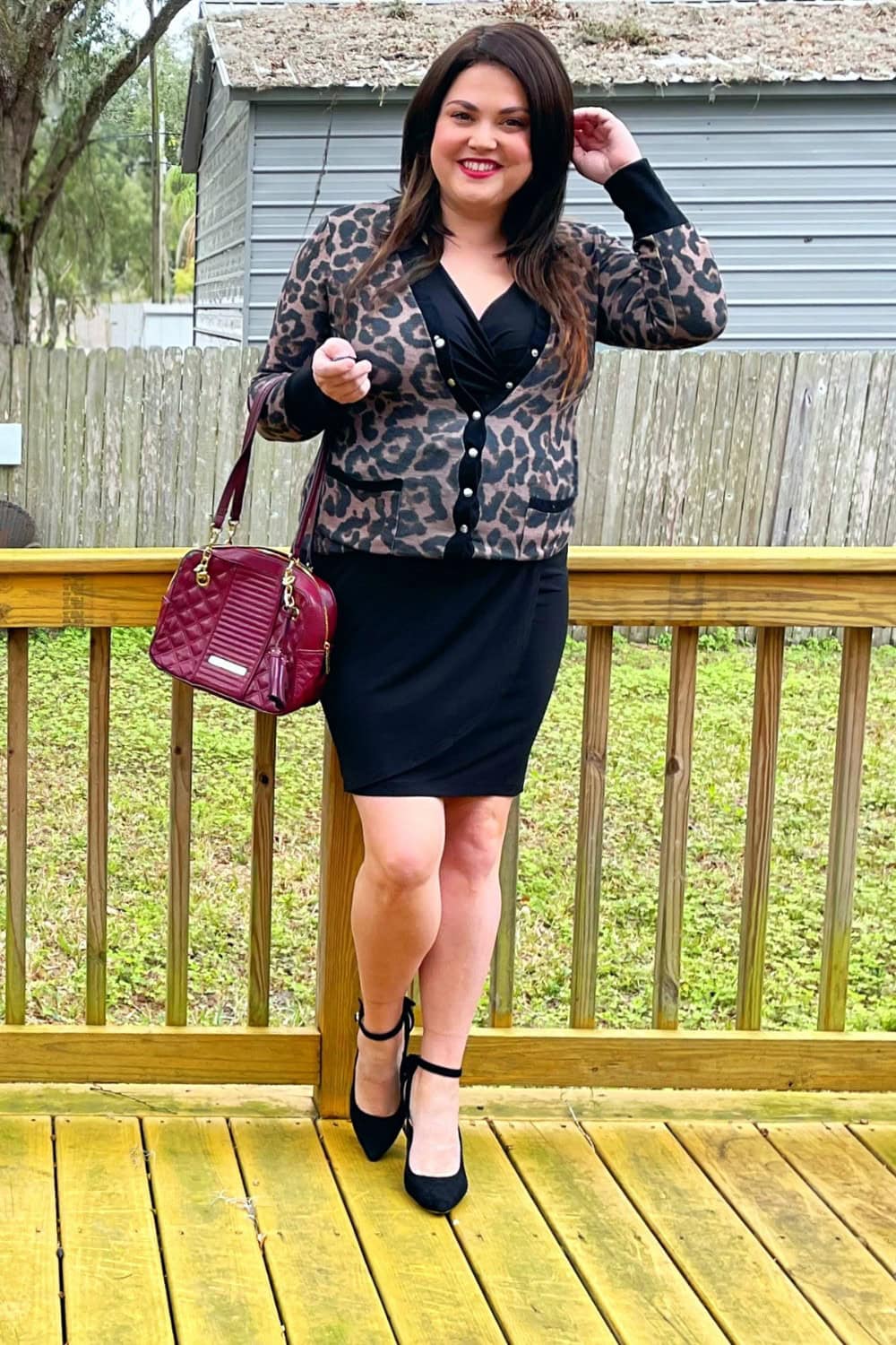 Leopard Print Cardigan and Black Wrap Dress