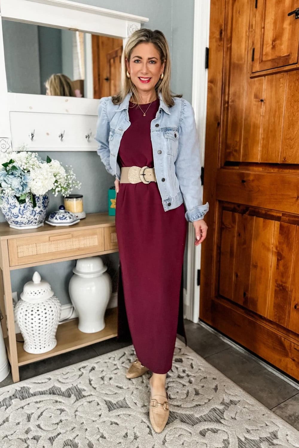 Burgundy Maxi Dress with Denim Jacket